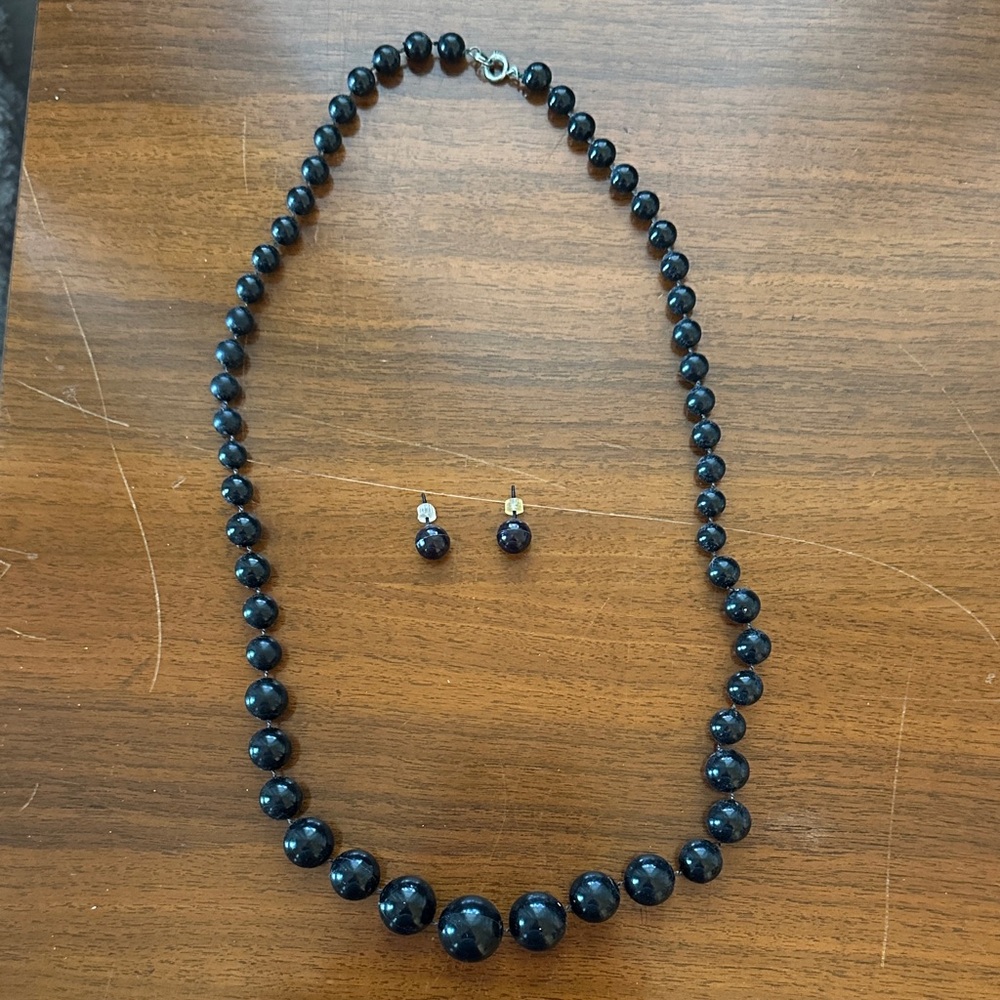 Vintage‎ Black Beaded Necklace and Post Earring Set
